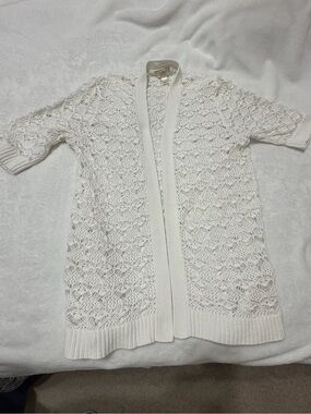 LOFT White Crochet Open-Front Short-Sleeve Cardigan, sz Large